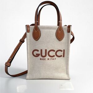 Gucci Mini Canvas Tote Bag Brown Leather Logo Crossbody NEW Full Set